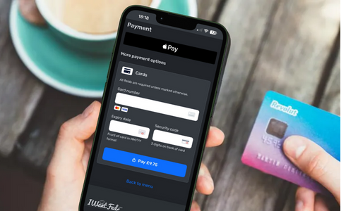 Customer paying for food with phone at table